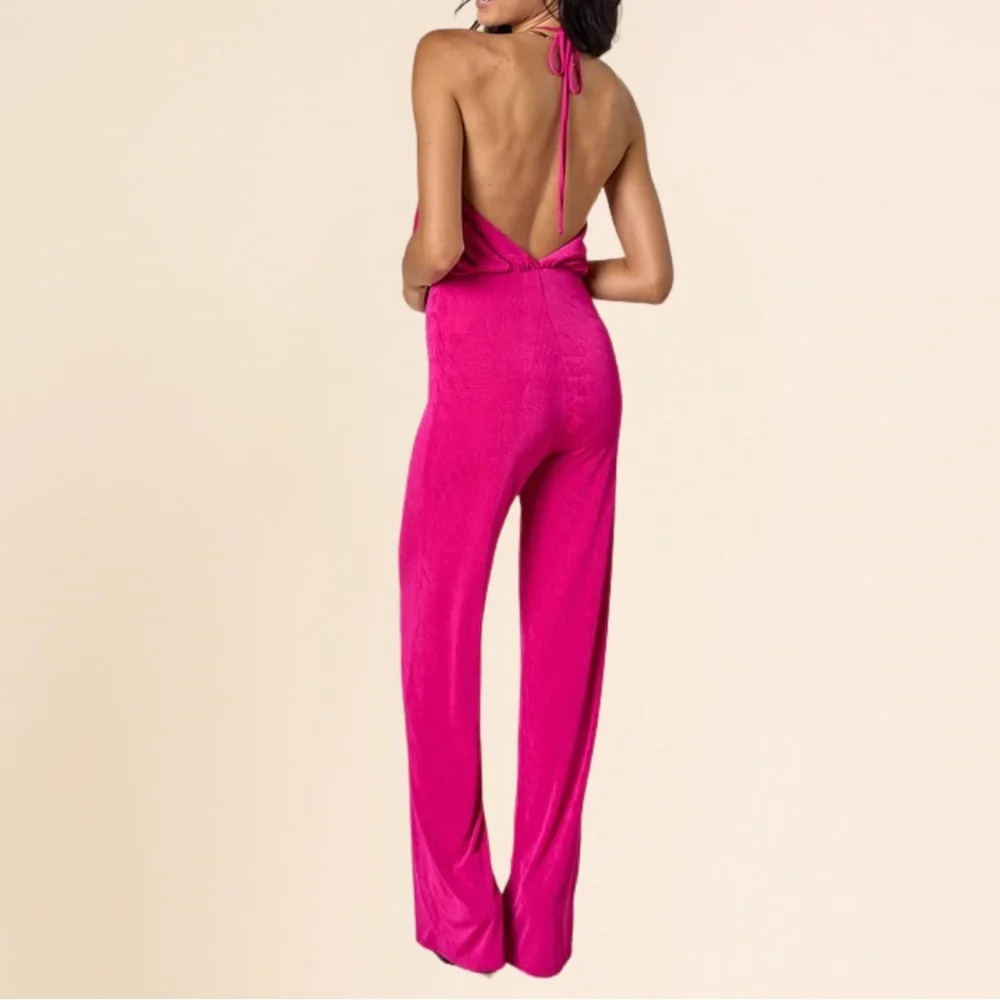 Blue Blush Vibrant Pink Halter Jumpsuit - Picture 3 of 13